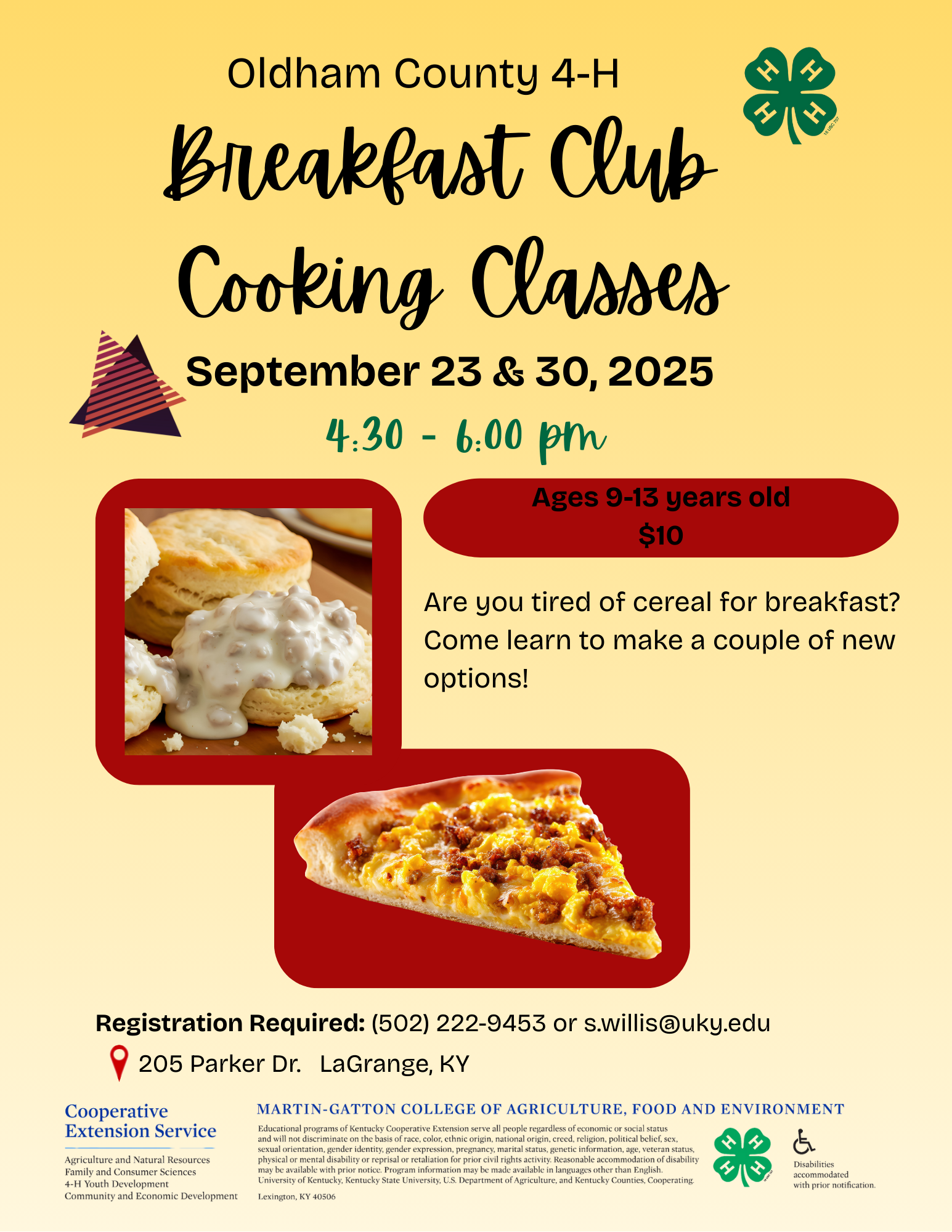 Flyer with photos of biscuits with gravy and slice of breakfast pizza