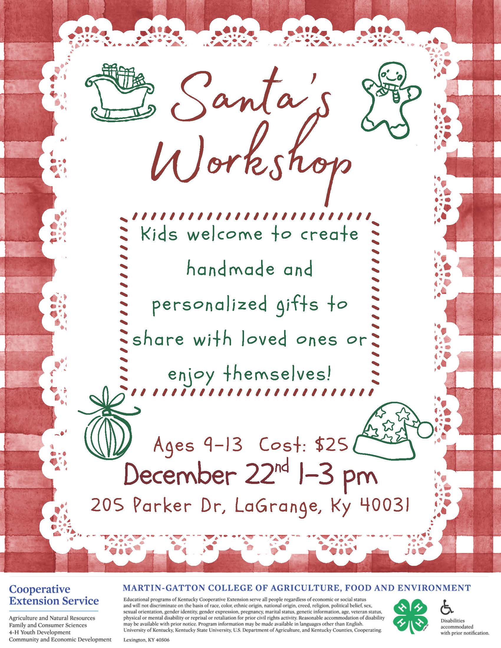 flyer with sleigh, gingerbread, santa hat, & ornament announcing Santa's workshop