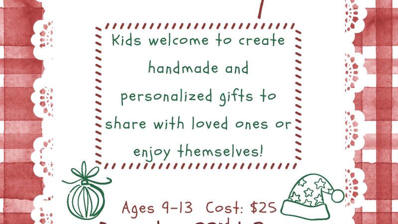 flyer with sleigh, gingerbread, santa hat, & ornament announcing Santa's workshop
